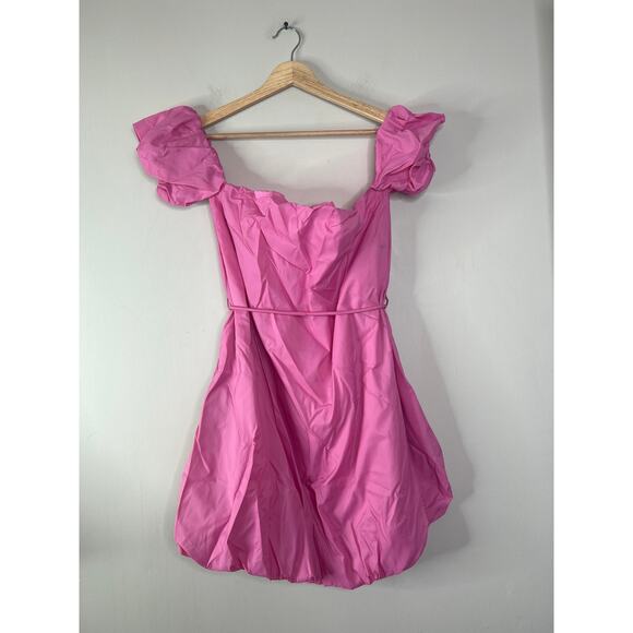 NWT Staud Ash Off Shoulder Gathered Shell Puff Sleeve Self-Tie Mini Dress Pink - Picture 2 of 7